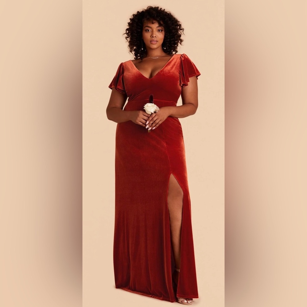 Birdy Grey Velvet Rust Bridesmaid Gown 2X Flutter Sleeve Maxi